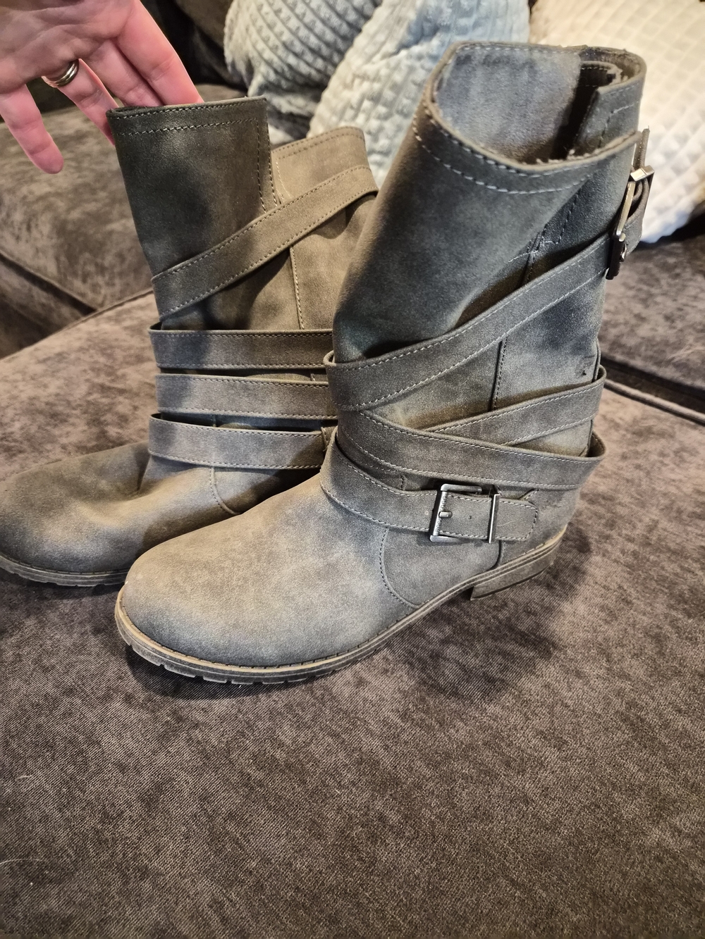 Women’s Gray Suede Strap Buckle Boots - Picture 2 of 4